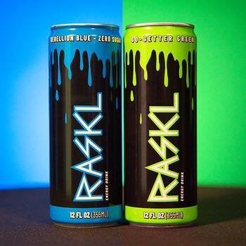 RASKL Rebellion Blue Zero Sugar energy drink cans